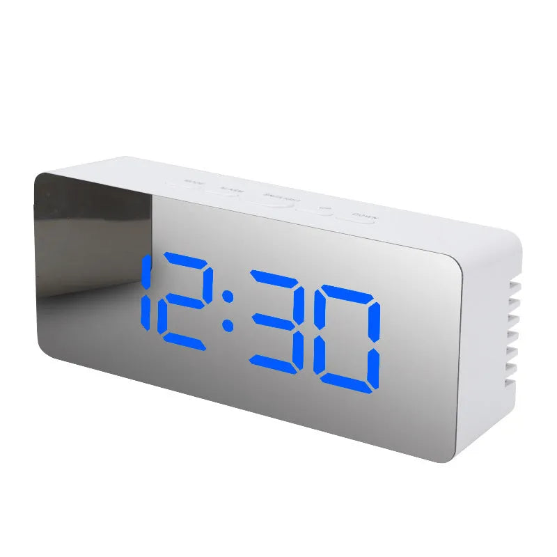LED digital mirror desktop alarm clock with USB cable, plastic shell, rectangular white light
