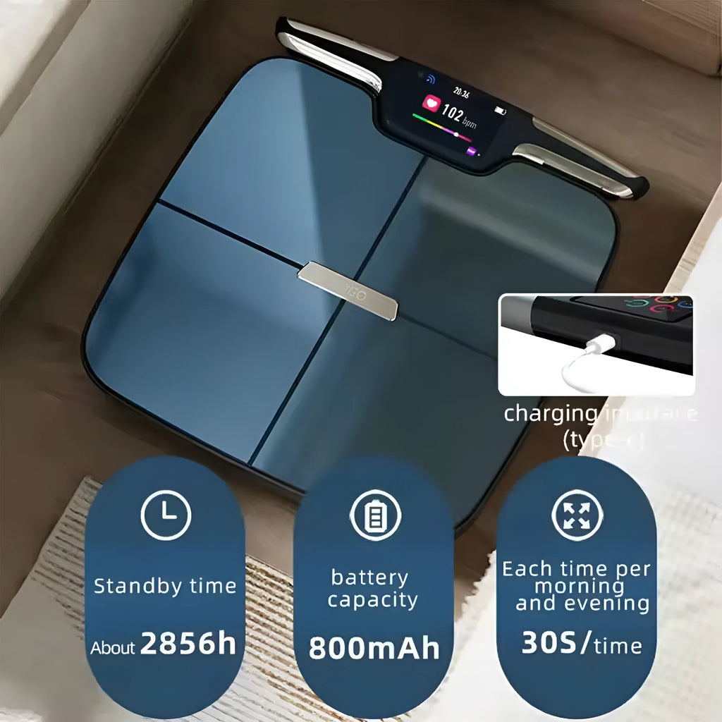 Black eight-electrode body fat weighing scale on a hard floor