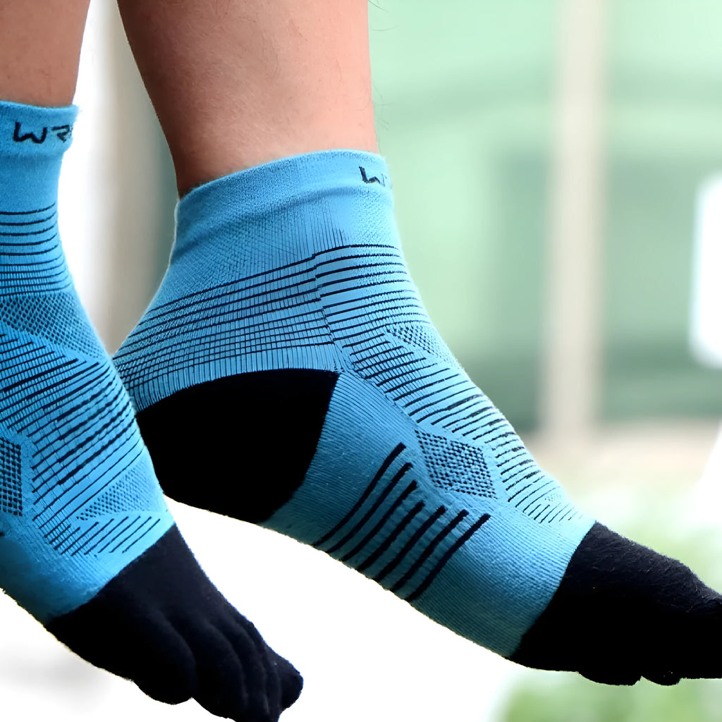 Professional sports toe socks with five separated toes in COOLMAX blend, shown in blue colour