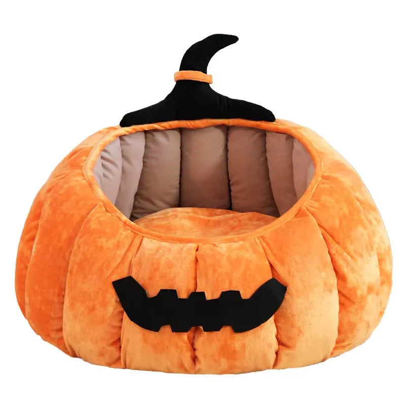Halloween pumpkin devil design plush cat bed for cats and small dogs in orange colour