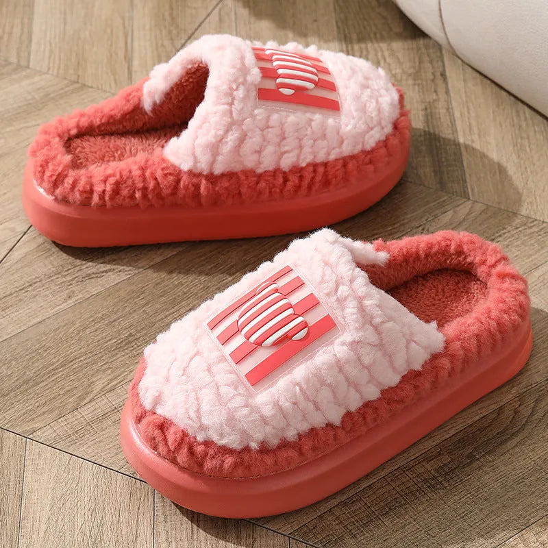 Lamb wool non-slip indoor slippers for couples in winter, thick sole with car stitching