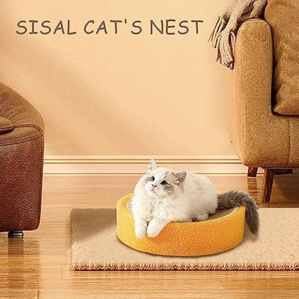 Yellow fruit-shaped sisal cat scratching board with a round bed for small breed cats.