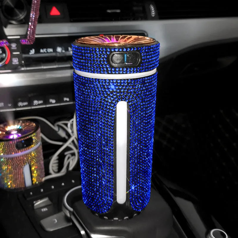 Colourful diamond-style car humidifier with LED lights on a car dashboard