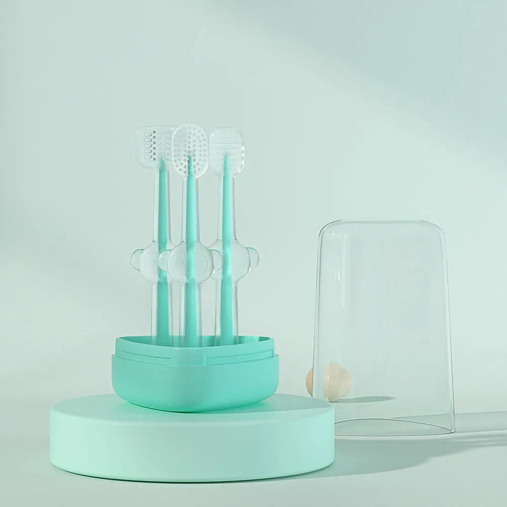Silicone pet toothbrush for dogs and cats in blue, green, and purple colours on a white background.