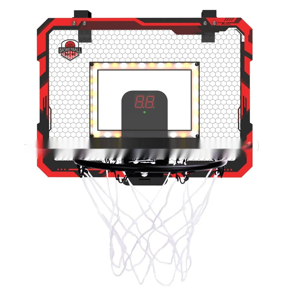 Red folding basketball frame with suction cup mount showing 400x300mm parallel panels and 16cm ball