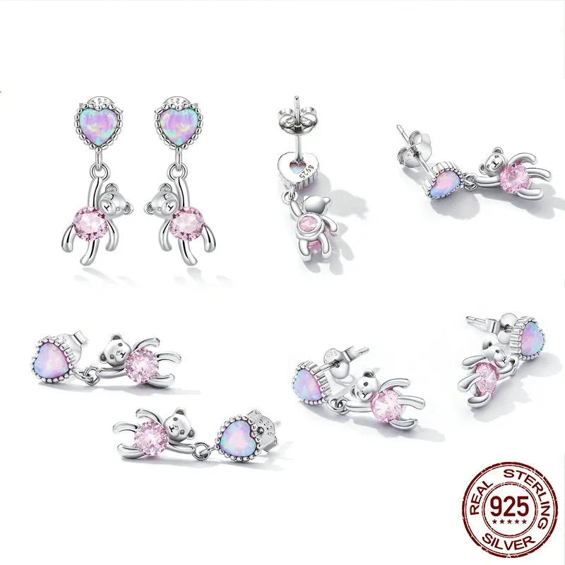 Love bear ear studs made of S925 silver, 1.8cm height, 0.6cm width, niche design for women