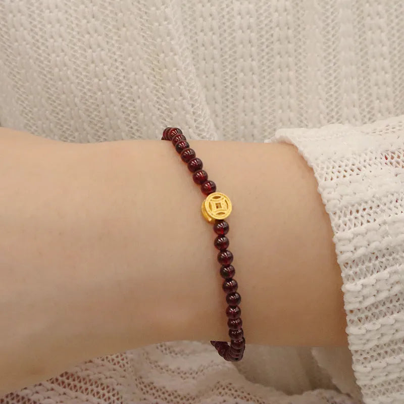 Women's Chinese-style gourd bracelet with imitation garnet beads and electroplated finish