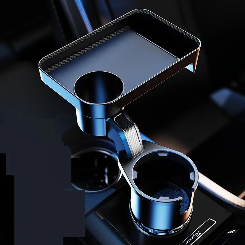 Black ABS plastic car-mounted dinner tray holder rotating in a vehicle cup holder.