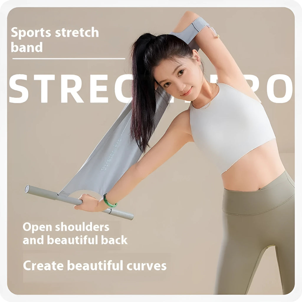 Grey and pink yoga stretching tool for shoulders, back, and hips on a fitness mat.
