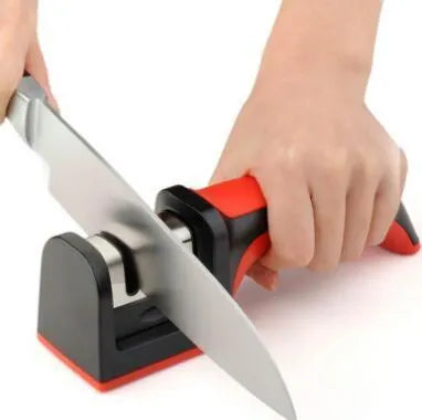 Professional three-stage manual knife sharpener in black with anti-slip rubber feet