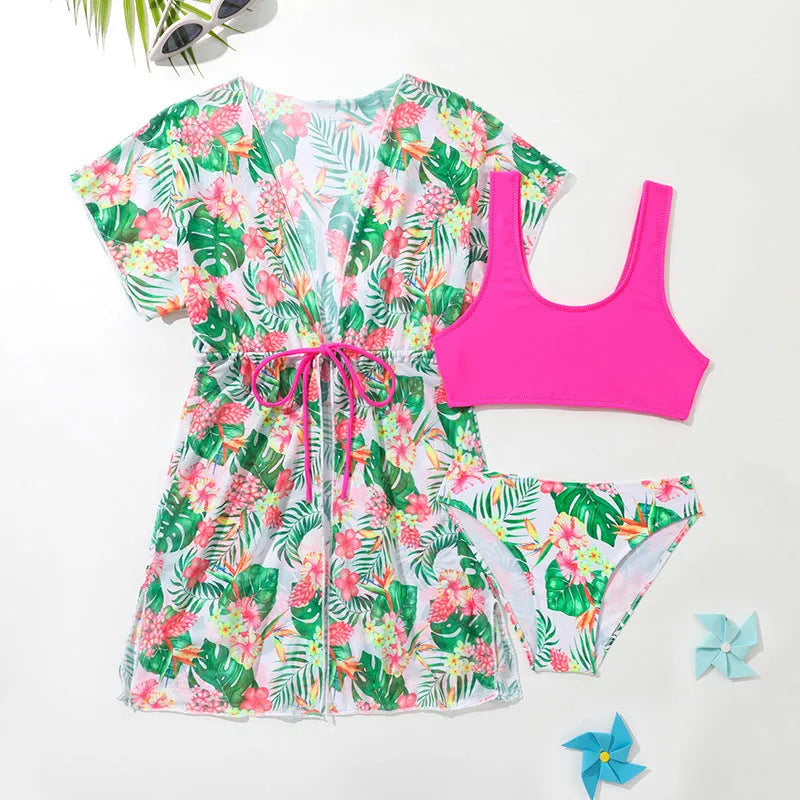 Girls' two-piece swimsuit with Korean floral pattern in polyester fabric, sizes 130cm to 160cm for ages 3-12