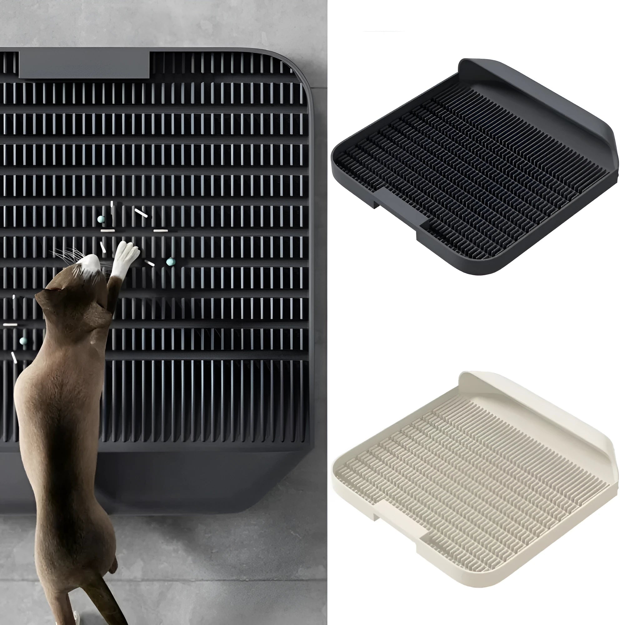 Large black cat litter pedal mat with textured grooves, placed next to a litter box.