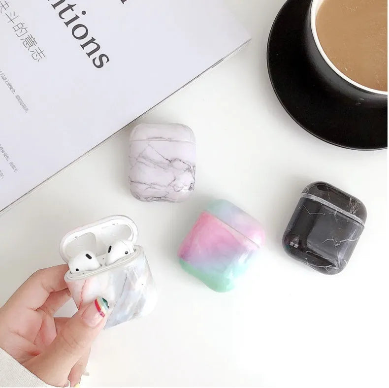 White marble effect hard PC protective case for Apple AirPods 1 and 2 charging box