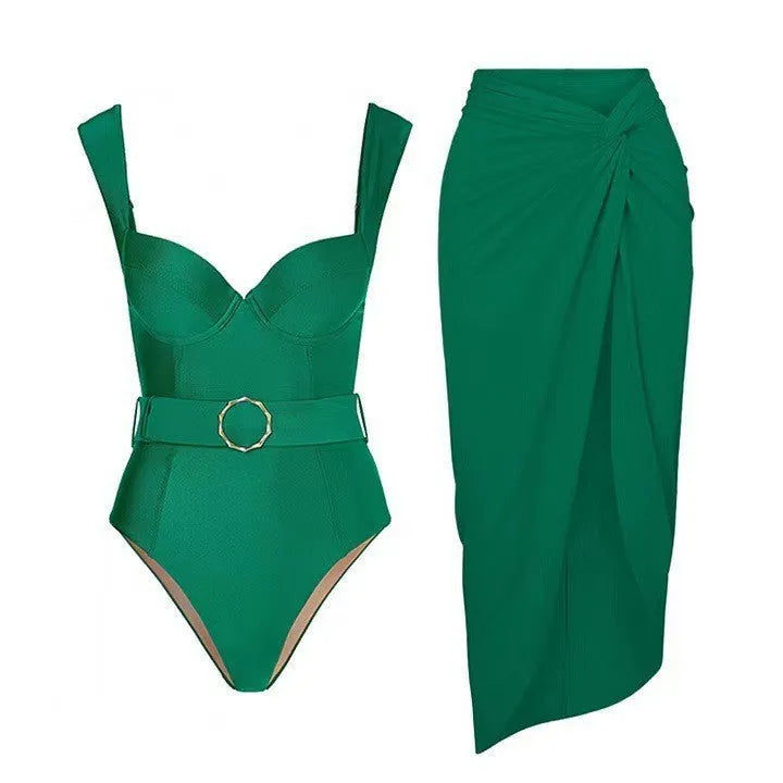 Women's polyester one-piece swimsuit with gauze skirt in multiple shoulder strap styles
