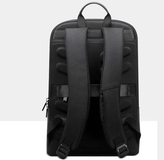 Black leisure computer backpack with hidden back pocket and ventilated panel, 28x7x43cm