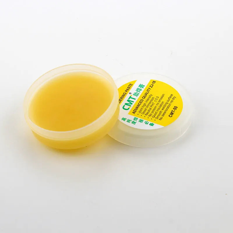 Two containers of rosin soldering flux paste for electric soldering irons: 50g and 85g formats