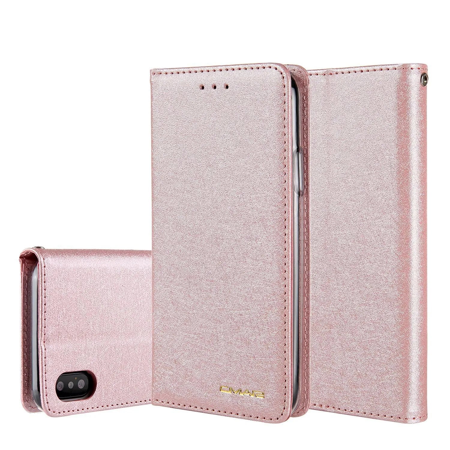 PU leather flip phone case with card slots for iPhone, shown in various colours.