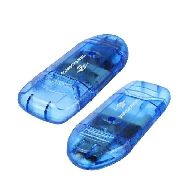 Transparent plastic USB card reader with optional LED light on a desk
