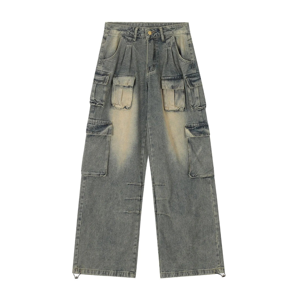 Men's loose fit distressed denim jeans with multiple pockets in light blue or black colours