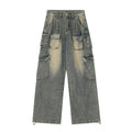 Men's loose fit distressed denim jeans with multiple pockets in light blue or black colours