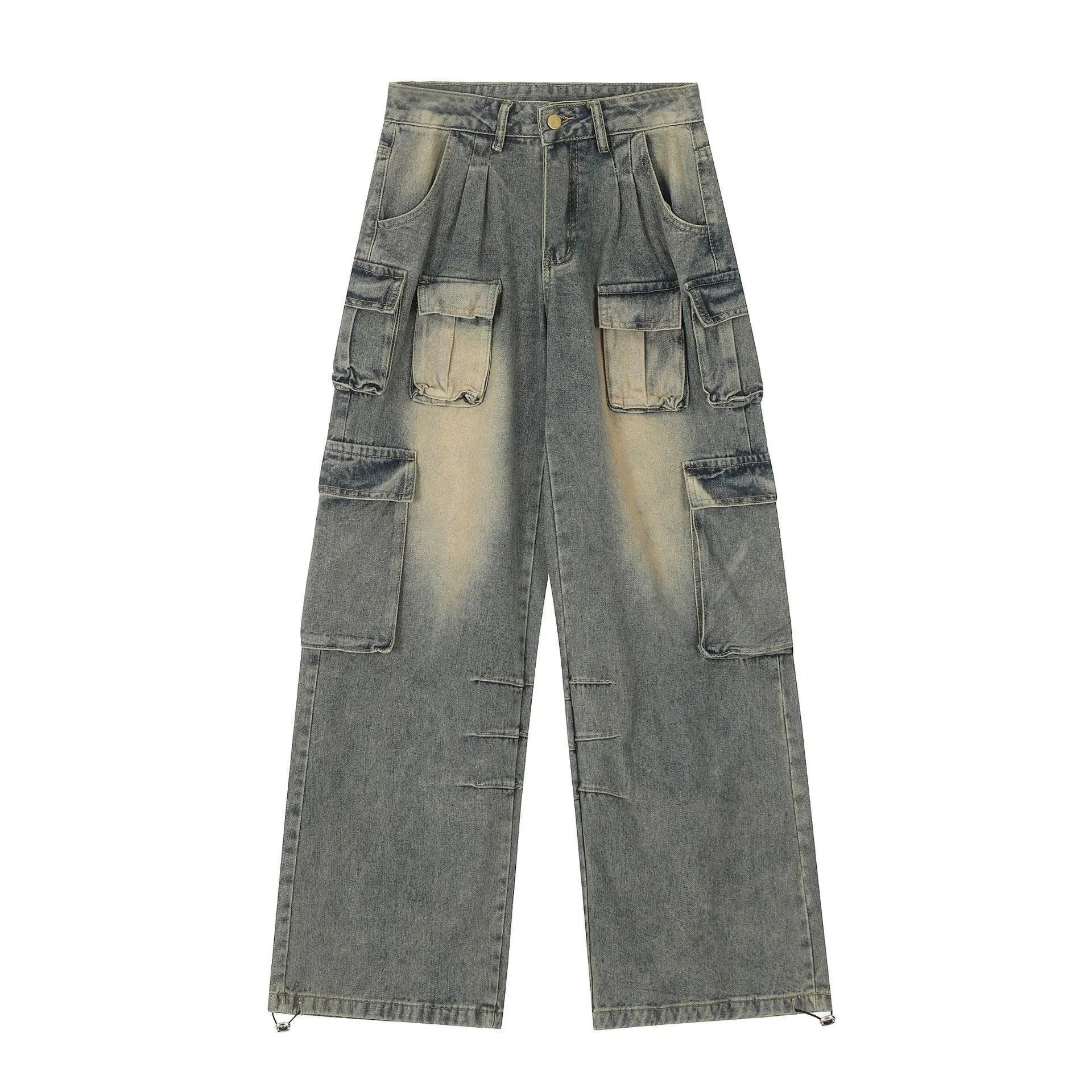 Men's loose fit distressed denim jeans with multiple pockets in light blue or black colours
