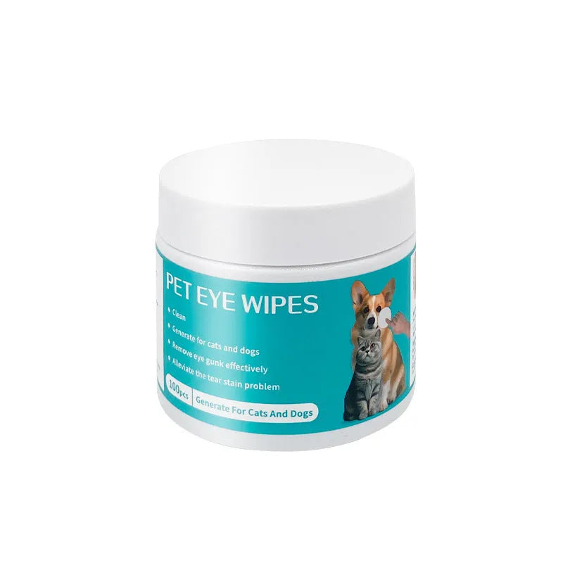 Canister of 100 pet eye cleaning wipes with aloe and chamomile extract
