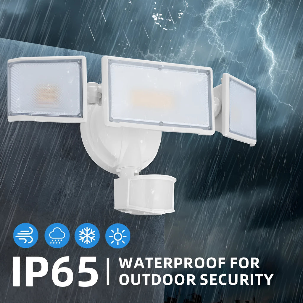 White or black 120V LED motion sensor security flood light for outdoor wall or ceiling installation.