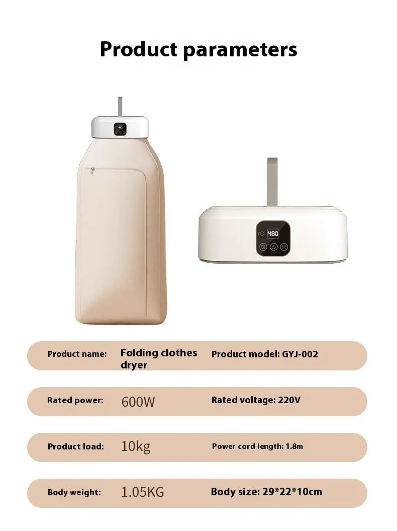 White cylindrical foldable laundry dryer with remote control for dormitory and small space use.