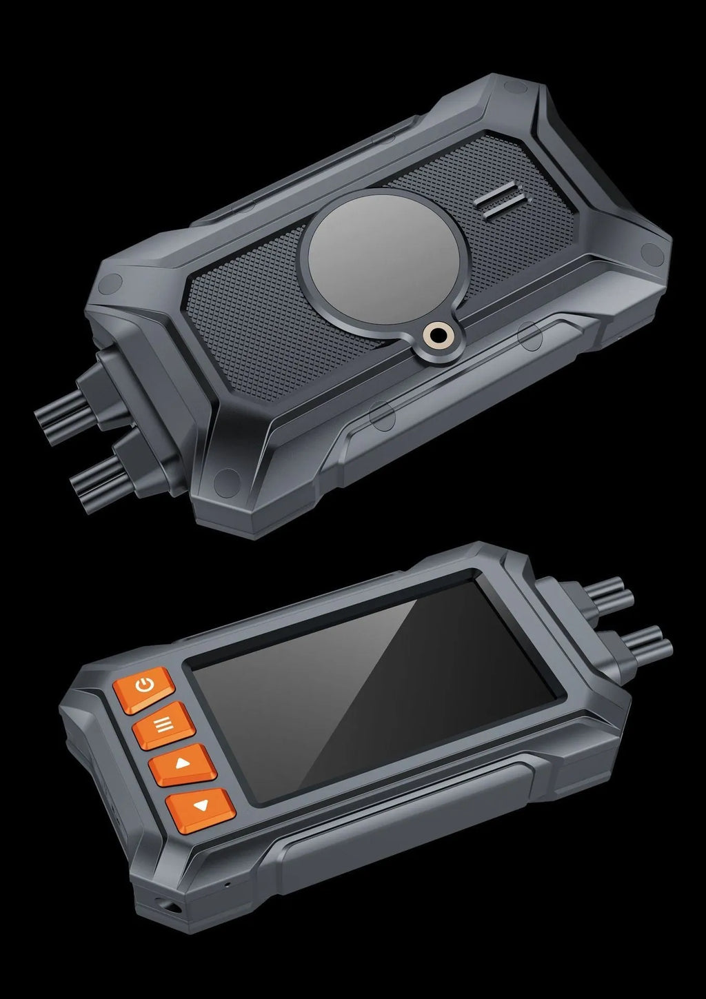 Motorcycle GPS tachograph recorder with dual cameras, GPS module, and installation cables on a handlebar.