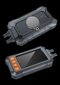 Motorcycle GPS tachograph recorder with dual cameras, GPS module, and installation cables on a handlebar.