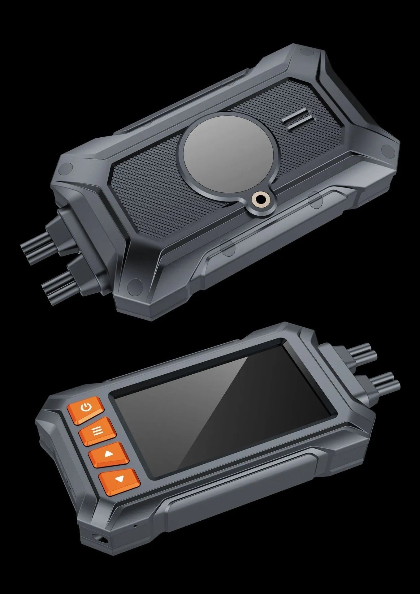 Motorcycle GPS tachograph recorder with dual cameras, GPS module, and installation cables on a handlebar.