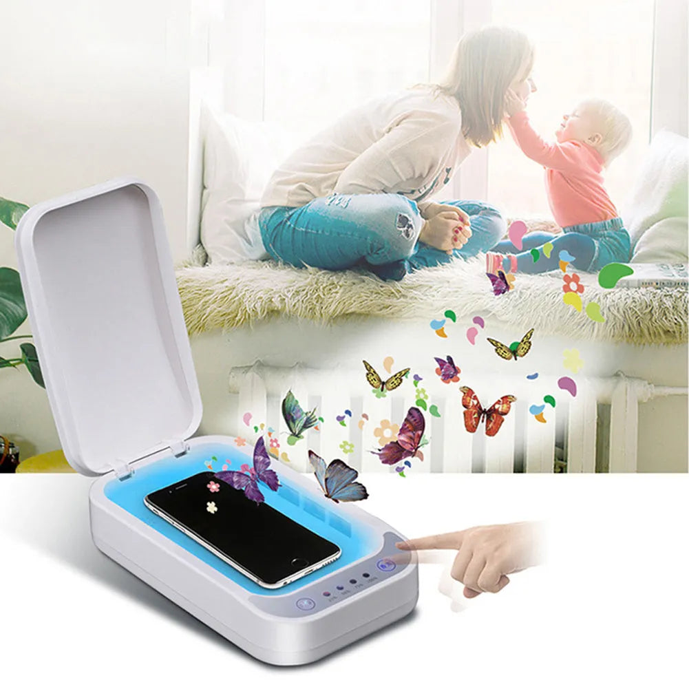Blue and white ultraviolet disinfection box for mobile phones, showing compact size and display.