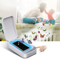 Blue and white ultraviolet disinfection box for mobile phones, showing compact size and display.