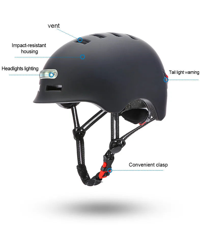 Black electric scooter helmet with front LED headlight and rear taillight, adjustable strap, on white background