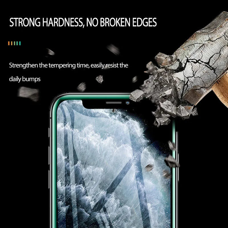 Luminous full cover tempered glass screen protector for iPhone glowing blue in the dark.