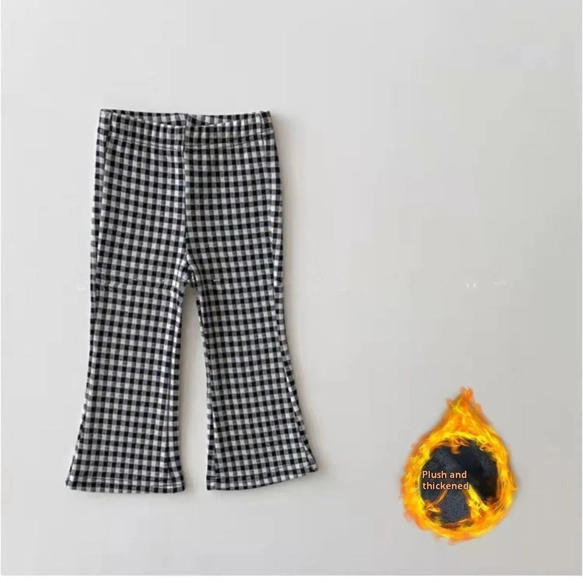 Girls fleece-lined bell-bottom pants in plaid pattern, polyester fabric, mid-waist, suitable for 80-150cm height