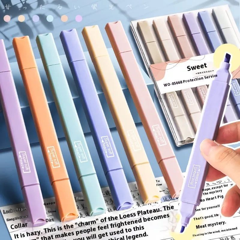 Set of double-ended fluorescent highlighter pens with chisel and fine tips, showing mixed bright colours.