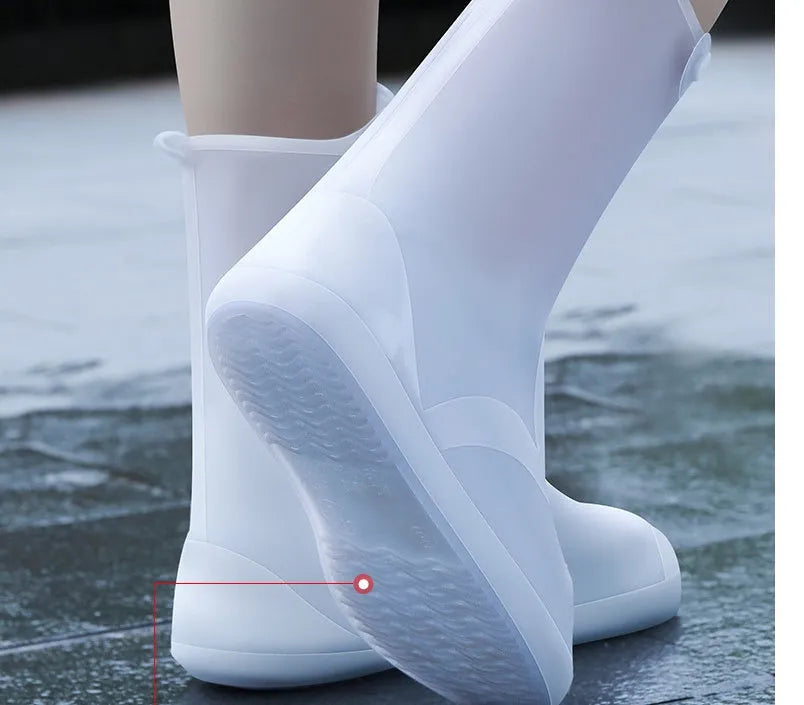 White PVC high top reusable women's water resistant shoe covers with anti-skid sole