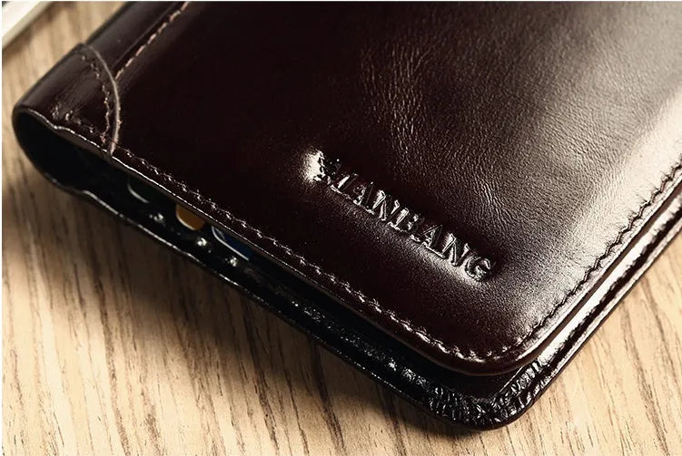 Men's black leather bifold wallet open to show card slots, coin pocket, and photo window.