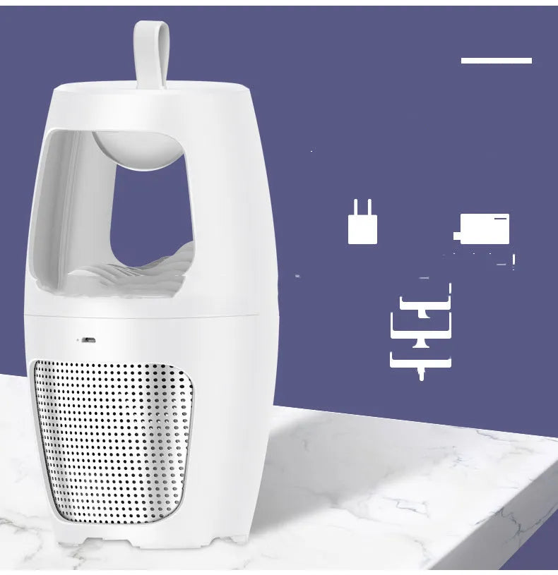 Black or white USB-powered indoor mosquito killer lamp with dimensions 115x115x227mm.