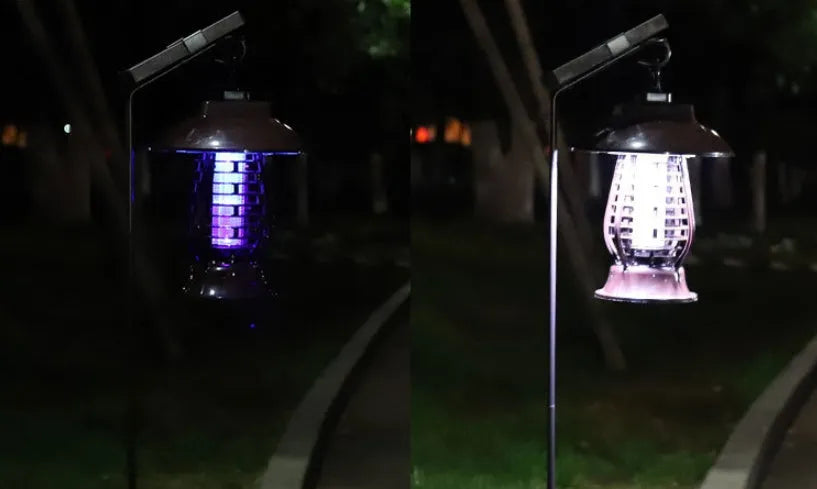 White solar powered mosquito lamp with solar panel and purple/white light switch for outdoor garden insect control
