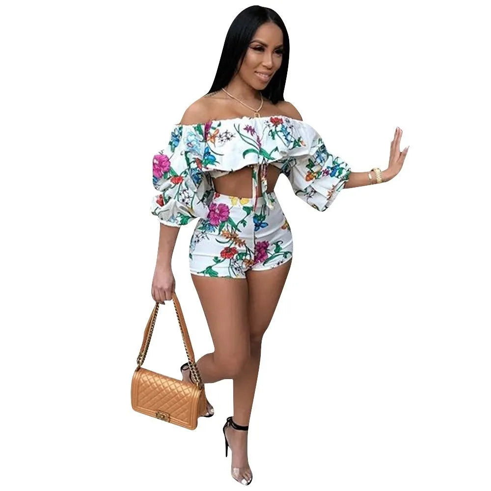 Multicolour digital print two-piece set with pile sleeve top and shorts.