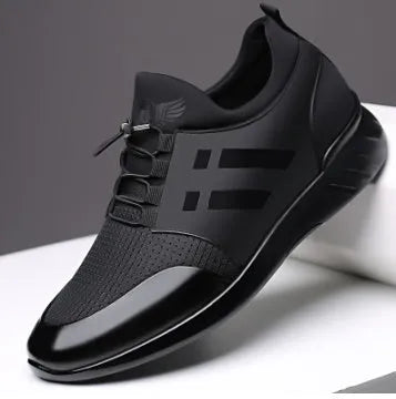 Autumn men's breathable sports shoes in black with hollow design and high-top cow split leather upper