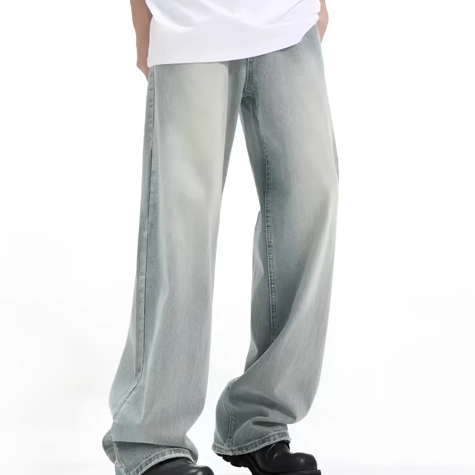 Blue men's loose casual trousers with a retro style and elasticated waistband.
