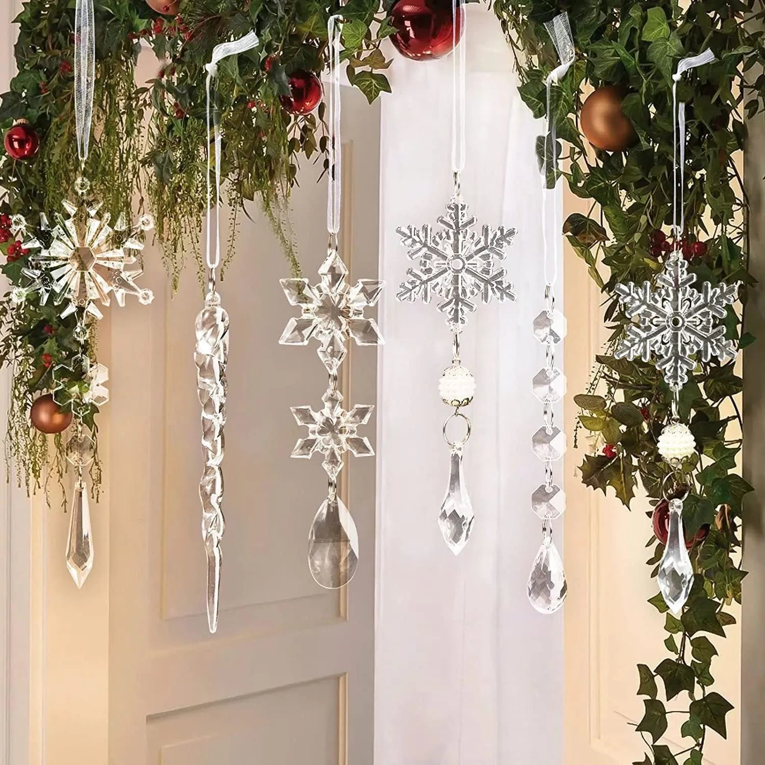 10 clear acrylic icicle and snowflake Christmas tree hanging ornaments with white ribbon