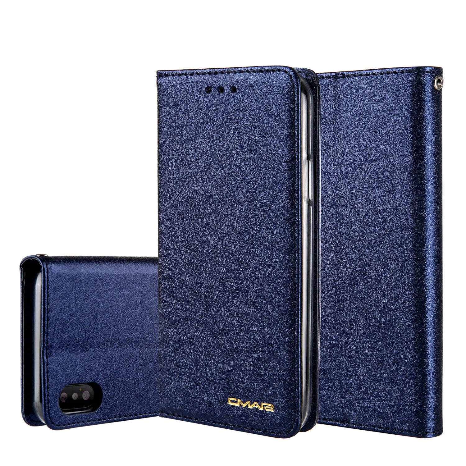 PU leather flip phone case with card slots for iPhone, shown in various colours.