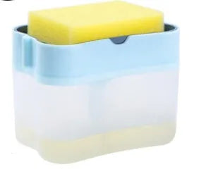 Grey plastic kitchen soap dispenser with push-action mechanism measuring 14.5cm wide