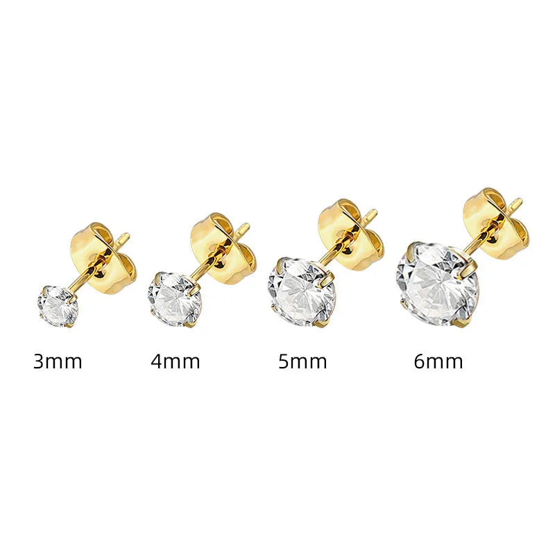 Titanium steel square geometric zircon stud earrings in gold or steel finish with multiple stone sizes
