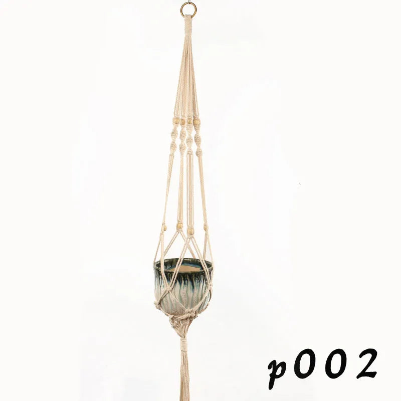 Woven wire plant basket in natural cotton rope, shown as a desktop and hanging planter.