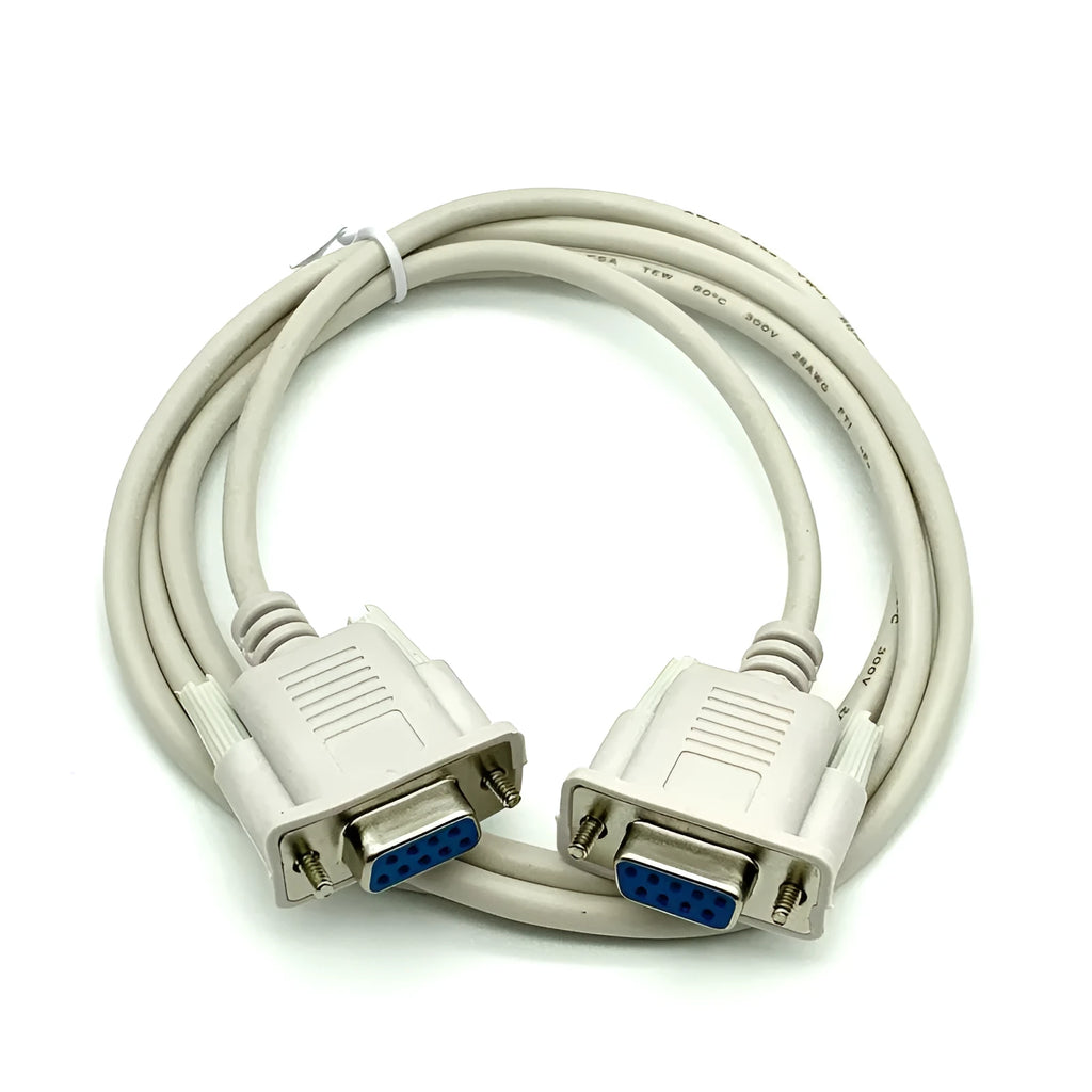 Female to female DB9 RS232 crossover cable with milky white jacket measuring 1.5 metres